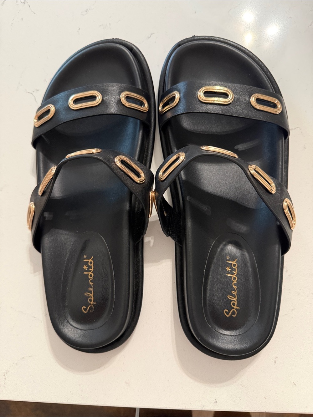 Splendid Black Slide Sandals with Gold Oval Accents